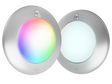 Two round silver spa lights, one lit with rainbow colors and one with cool white light.