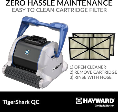 Hayward TigerShark QC robotic pool cleaner with easy-to-clean cartridge filter and removable filter cartridges
