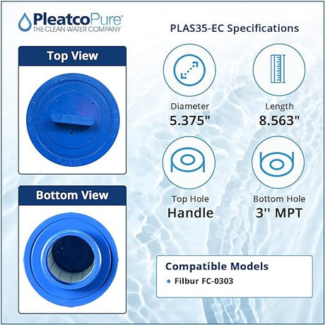 Pleatco PLAS35-EC spa filter cartridge specifications showing top and bottom views, 5.375-inch diameter, 8.563-inch length, handle top hole, and 3-inch MPT bottom hole