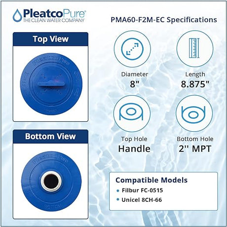 Pleatco PMA60-F2M-EC cartridge specifications with top and bottom views, 8-inch diameter, 8.875-inch length, handle top hole, and 2-inch MPT bottom hole