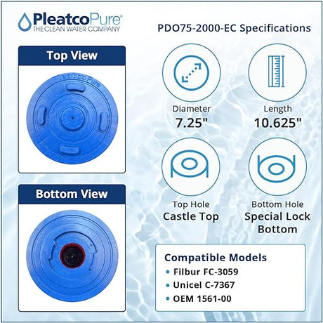 Pleatco PDO75-2000-EC spa filter cartridge specifications with top and bottom views, 7.25-inch diameter, 10.625-inch length, castle top and special lock bottom, compatible with Filbur FC-3059, Unicel C-7367, and OEM 1561-00