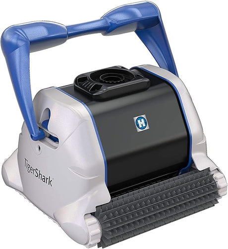 Hayward TigerShark robotic pool cleaner with blue carry handle and front cleaning brushes