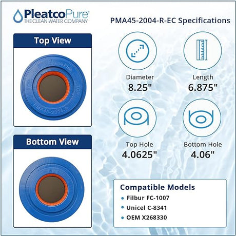 PleatcoPure PMA45-2004-R-EC spa filter cartridge specifications showing top and bottom views, dimensions, and compatible models