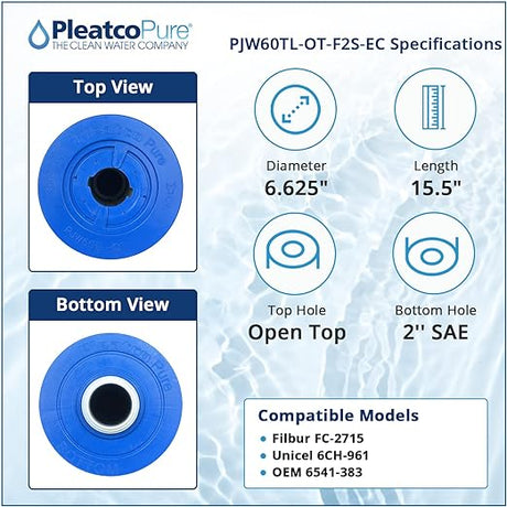 PleatcoPure PJW60TL-OT-F2S-EC filter cartridge specifications showing top and bottom views, 6.625-inch diameter, 15.5-inch length, open top, and 2-inch SAE bottom hole with compatible models listed