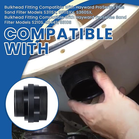 Bulkhead fitting compatible with Hayward ProSeries Plus sand filter models S311SX, S311SXV, S360SX, S210S, S244S, and S310S, shown being installed on a filter tank.