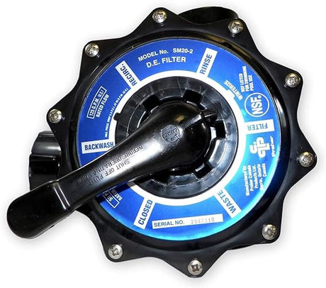 Jandy 2-inch side mount multi-port valve kit for DEL48/60 DE filters with black handle and blue selector dial