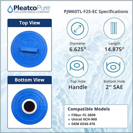 Pleatco PJW60TL-F2S-EC filter cartridge specifications with top and bottom views, dimensions, and compatible models