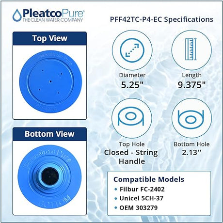 Pleatco Pure PFF42TC-P4-EC spa filter cartridge specifications with top and bottom views, dimensions, and compatible models