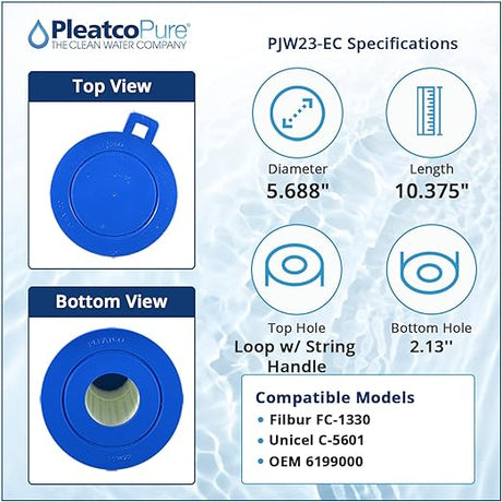 Pleatco PJW23-EC Jacuzzi Aero filter cartridge specifications with top and bottom views, dimensions, and compatible models listed