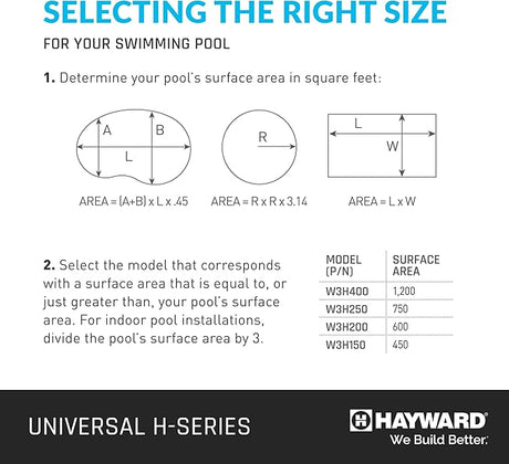 Hayward Universal H-Series sizing guide for swimming pools, showing surface area formulas and model selection chart for W3H400, W3H250, W3H200, and W3H150 heaters