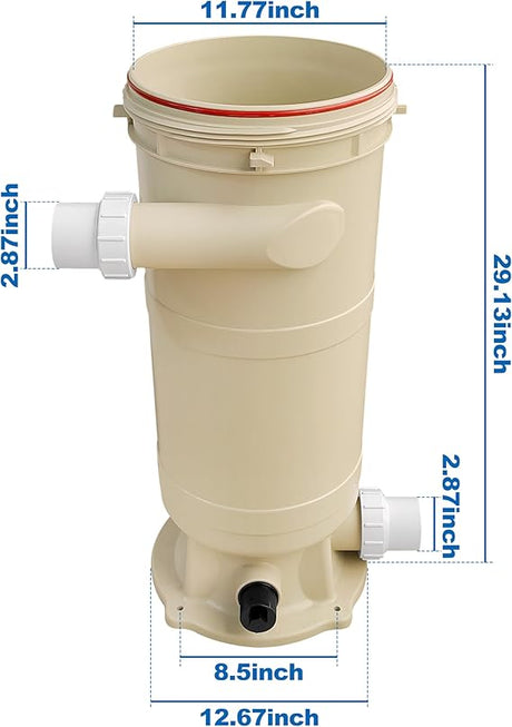 Pentair separator housing with top lid, side inlet and outlet, and bottom drain port, shown with dimensions shown in inches