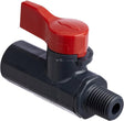 Black Asahi 1/4-inch ball valve with red lever handle and threaded end connector