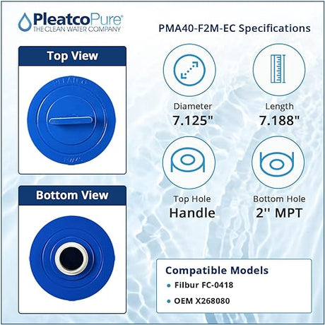 Pleatco PMA40-F2M-EC spa filter cartridge specifications showing top and bottom views, 7.125-inch diameter, 7.188-inch length, handle top hole, and 2-inch MPT bottom hole.