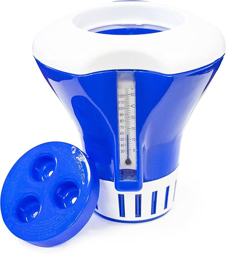 Blue and white floating chlorine dispenser with built-in thermometer and removable cap