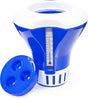 Blue and white floating chlorine dispenser with built-in thermometer and removable cap