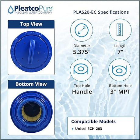 Pleatco PLAS20-EC spa filter cartridge specifications with top and bottom views, 5.375-inch diameter, 7-inch length, handle top hole, and 3-inch MPT bottom hole