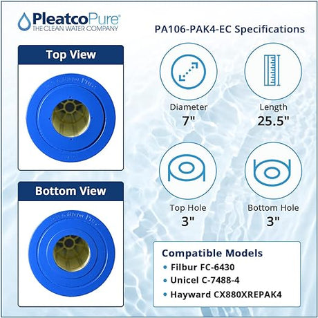 Pleatco PA106-PAK4-EC pool filter cartridge specifications showing top and bottom views, 7-inch diameter, 25.5-inch length, and 3-inch top and bottom holes