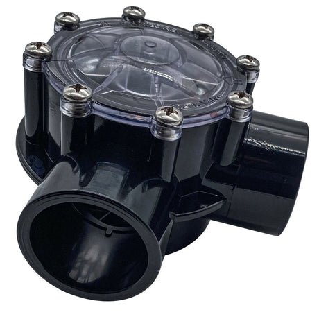 Jandy black 90-degree pool check valve with clear top cover and threaded screw cap openings
