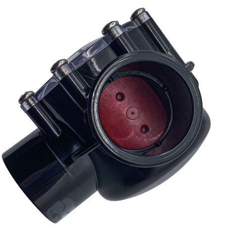 Jandy 90-degree pool check valve with black PVC body and red internal flapper, angled view