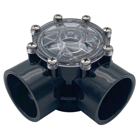 Jandy 90-degree check valve with clear inspection lid and two black PVC pipe openings