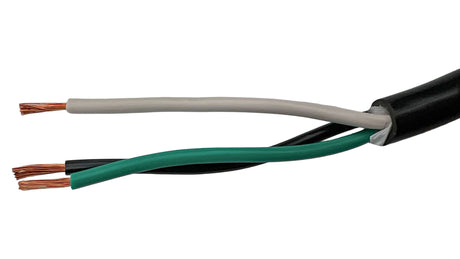 Three-conductor black power cord with green and white insulated wires and exposed copper ends