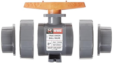 3-inch PVC true union ball valve with threaded ends, EPDM seal, and orange handle