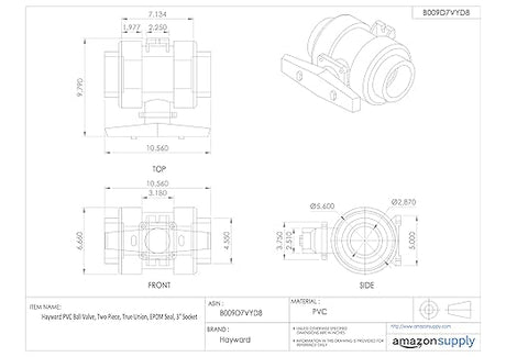 Engineering drawing of a 3-inch PVC true union ball valve with socket ends and EPDM seal, showing top, front, and side views with dimensions