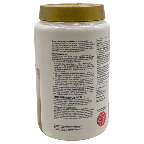 Sirona Spa Care pH Balance granular spa water treatment jar with gold lid, back label view