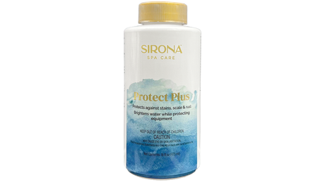 Sirona Protect Plus spa care bottle with blue and white label and gold cap