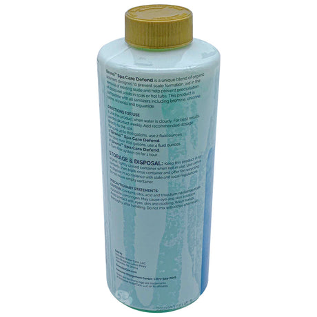 Sirona Defend 32 oz spa care bottle with gold cap, shown from the back label on a white background