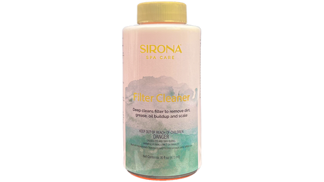 Sirona Spa Care Filter Cleaner bottle, 16 fl oz, with gold cap and pastel label