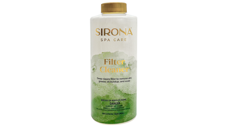 Sirona Spa Care Filter Cleaner bottle with gold cap and green label, 1 quart