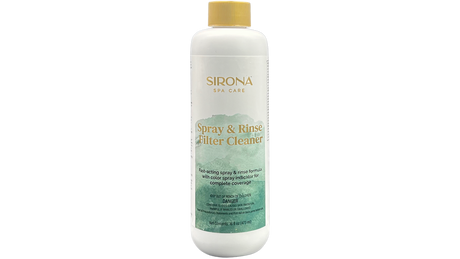 Sirona Spa Care Spray & Rinse Filter Cleaner bottle, 16 fl oz, with gold cap and white label