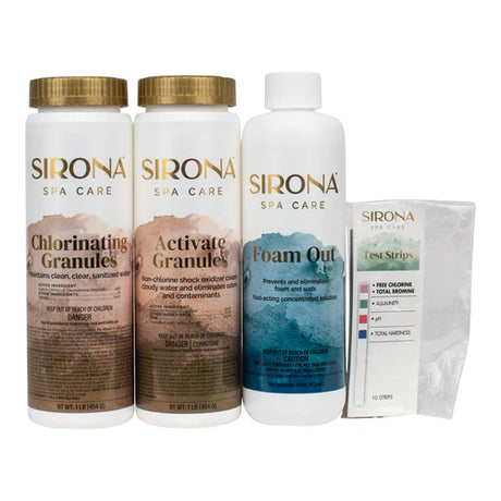 Sirona Spa Care chlorine start-up kit with chlorinating granules, activate granules, Foam Out, and test strips