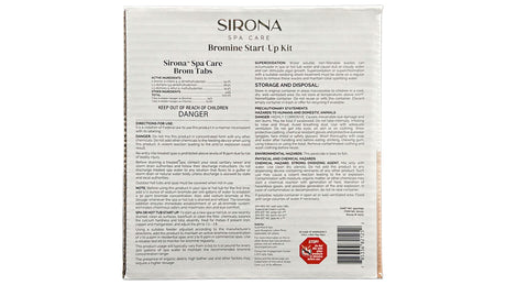 Sirona Spa Care Bromine Start-Up Kit box with product instructions and safety warnings on back label