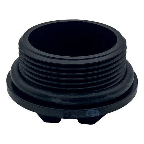 Black threaded 1.5-inch drain cap plug with O-ring and wide base flange