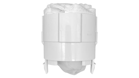 White fine-mesh sand and silt bag for Polaris 360/380 pool cleaner, shown with plastic holder