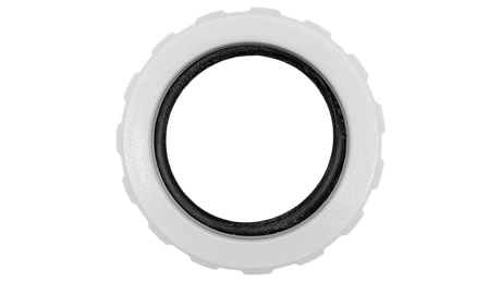 White Polaris Vac-Sweep 360 hose nut with black inner seal, front view