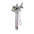 Shark-shaped pool thermometer with soft top and sunglasses, hanging cord, and temperature gauge