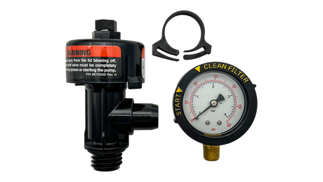 Pentair manual air relief valve with pressure gauge and mounting clamp accessories
