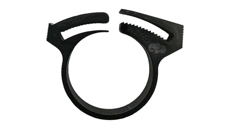 Black plastic pipe clamp with two serrated locking tabs
