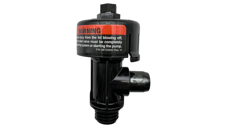 Pentair High Flow manual air relief valve, black plastic with warning label and threaded connection