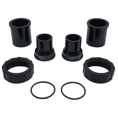 Pentair 1.5-inch x 2-inch black bulkhead union set with fittings, threaded nuts, and O-rings