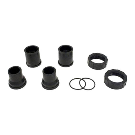 Black Pentair bulkhead union set with four fittings, two locking nuts, and two O-rings on a white background