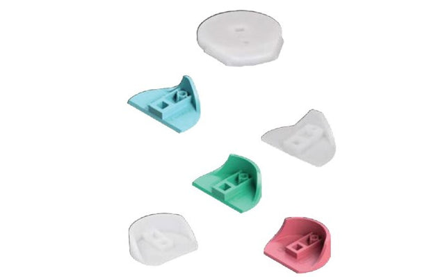 Replacement cam parts for a 6-port T-valve, shown in multiple colors on a white background.