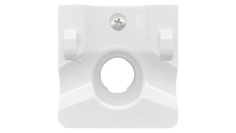White plastic pool cleaner cover assembly with center opening and screw hole