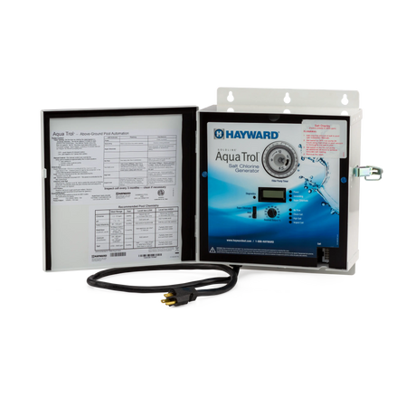 Hayward AquaTrol salt chlorine generator control box with power cord, open front panel display