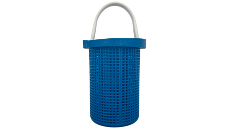 Blue cylindrical pump basket with white handle and perforated mesh sides