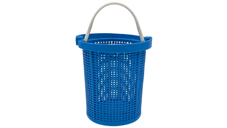 Blue plastic pool pump basket with white handle