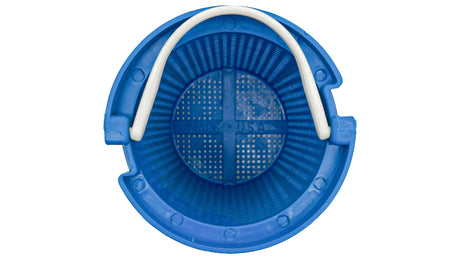 Blue replacement pump basket with white handle, top view